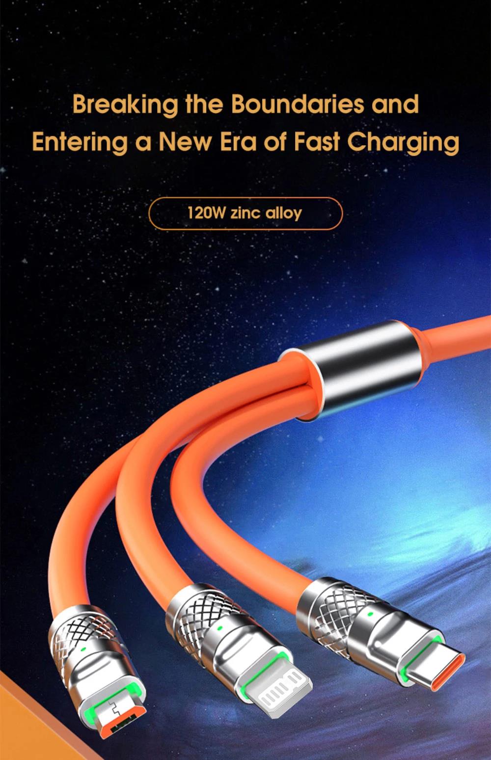 Picture of 120W Zinc Alloy Super Fast Charging Cable For iPhone Lightning Samsung Type C Micro USB Cord 1.2m/47in